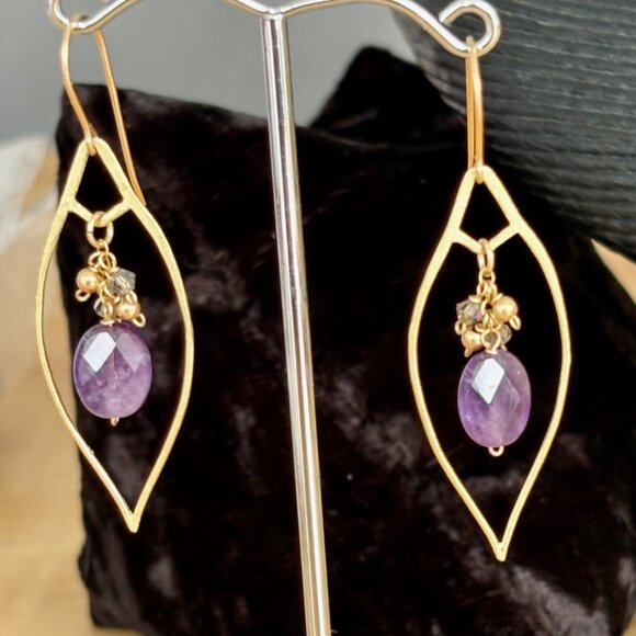 14Kt Gold Fill Amethyst Drop Leaf Earrings Handmade Artisan - Picture 2 of 7